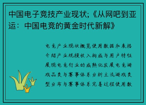 中国电子竞技产业现状;《从网吧到亚运：中国电竞的黄金时代新解》